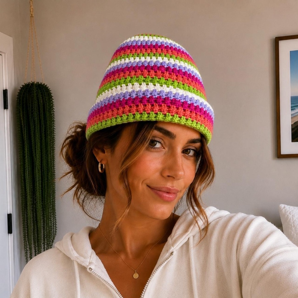 Anthropologie Crochet Striped Beanie Multi Color Knit Winter Hat Boho Pink Green